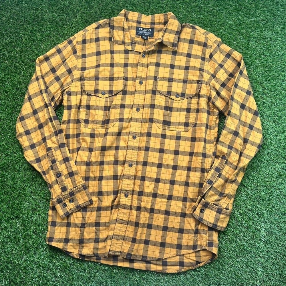 Filson Plaid Flannel Button Up Shirt M Long Workwear Outdoor Hiking Cotton Tan
